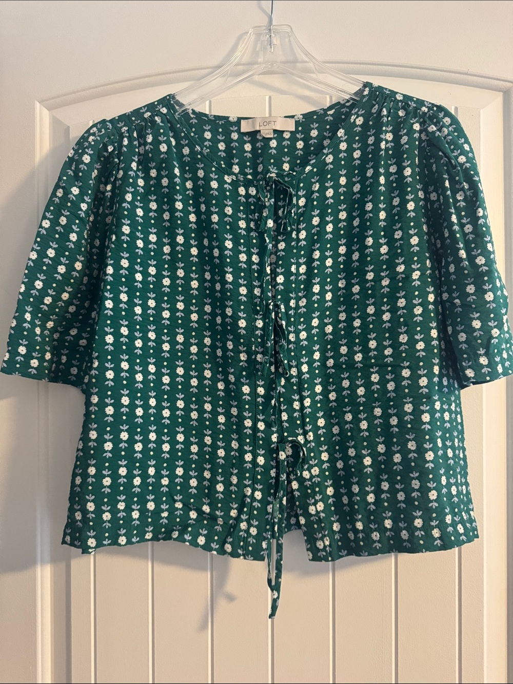 LOFT Green Floral Tie-Front Blouse